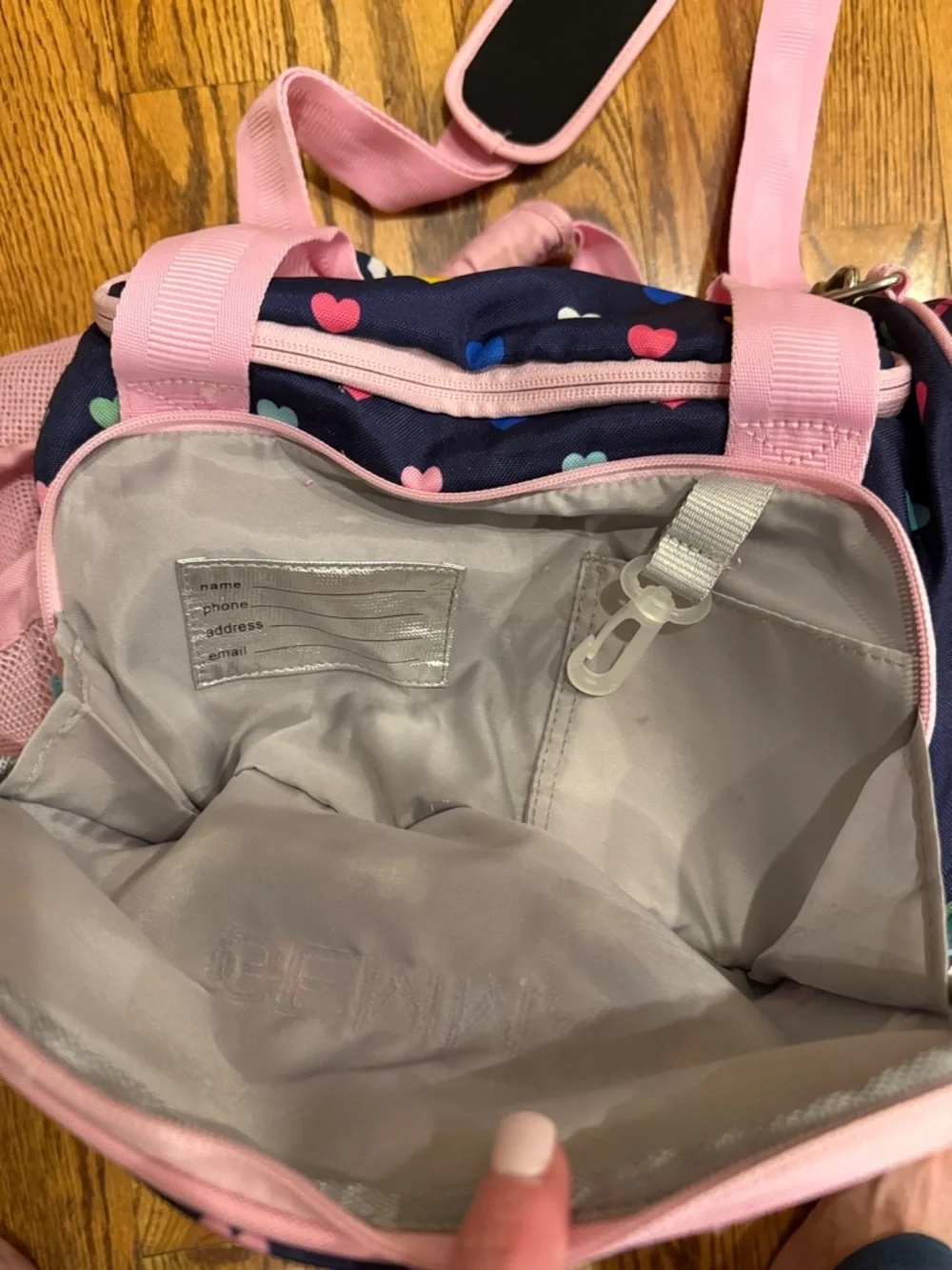 Pottery Barn Kids Mackenzie Navy and multicolored Hearts Sports Duffle Bag